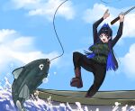  1girl absurdres arms_up blue_eyes blue_hair boat boots cloud day fish fishing fishing_line fishing_rod hair_intakes highres holding holding_fishing_rod hololive hololive_english koizumi_arata long_hair multicolored_hair ouro_kronii sky virtual_youtuber water watercraft 