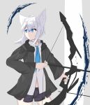  1girl absurdres animal_ear_fluff animal_ears black_jacket black_shorts blue_eyes blue_hair blue_neckerchief bow_(weapon) collared_shirt commentary_request cowboy_shot dress_shirt fox_ears grey_background grey_hair hair_between_eyes highres holding holding_bow_(weapon) holding_weapon jacket kuronagi_(mitora_uwu) looking_to_the_side neckerchief open_clothes open_jacket original shirt short_shorts shorts solo standing two-tone_background weapon white_background white_shirt 