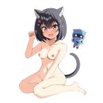  1girl ambitious_mission animal_ear_fluff animal_ears armpit_crease between_legs black_hair blush breasts brown_eyes cat_day cat_ears cat_girl cat_tail chibi chibi_inset cleavage collarbone commentary completely_nude full_body groin hair_between_eyes hair_ornament hairclip hand_between_legs hand_up highres ishikawa_yae kemonomimi_mode looking_at_viewer medium_breasts medium_hair midriff navel nipples nude open_mouth paw_pose ray_(rays_26) sidelighting simple_background sitting solo stomach tail tsurime wavy_mouth white_background yokozuwari 