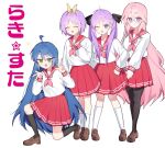  4girls :d absurdres ahoge black_pantyhose black_socks blue_eyes blue_hair blush brown_footwear copyright_name double_w glasses green_eyes hands_up highres hiiragi_kagami hiiragi_tsukasa izumi_konata kneehighs loafers long_hair long_sleeves looking_at_viewer lucky_star miniskirt multiple_girls neckerchief one_eye_closed open_mouth pantyhose pink_hair pink_neckerchief pleated_skirt purple_eyes purple_hair red_neckerchief red_skirt school_uniform serafuku shirt shoes short_hair sidelocks simple_background skirt smile socks straight_hair takara_miyuki taro_(303_taroo) twintails very_long_hair w white_background white_shirt 