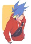  ! 2boys :&gt; artist_name ascot asymmetrical_hair blue_eyes blue_hair blush chibi commentary_request expressionless fanny_pack galo_thymos green_hair highres hood hood_down hoodie kome_1022 lio_fotia looking_at_another male_focus mohawk multiple_boys on_shoulder promare red_hoodie short_hair sidecut sidelocks simple_background translated undercut upper_body white_ascot white_background 
