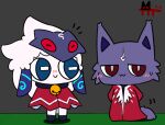  1boy 1girl bell black_background black_choker chibi choker closed_mouth cult_of_the_lamb kindred_(league_of_legends) kintto lamb_(league_of_legends) looking_at_another looking_at_viewer mask neck_bell notice_lines smile wolf_(league_of_legends) 