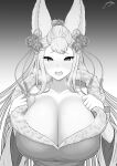  1girl absurdres animal_ears breasts cleavage detached_sleeves erune fox_ears fur_trim gollizo granblue_fantasy greyscale hands_up heavy_breathing highres huge_breasts long_hair monochrome open_mouth signature societte_(granblue_fantasy) solo sweat upper_body wide_sleeves 