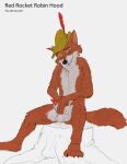 animal_genitalia animal_penis anthro balls canid canine clothing disney eyes_closed fox fur genitals hat hat_feather headgear headwear loose_feather male mammal masturbation orange_body orange_fur penis robin_hood robin_hood_(disney) simple_background sitting solo thewerewolf tree_stump white_body white_fur