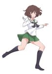  1girl akiyama_yukari black_neckerchief black_socks brown_eyes brown_hair commentary_request full_body girls_und_panzer green_skirt hazuki_haru highres long_sleeves messy_hair neckerchief no_shoes ooarai_school_uniform pleated_skirt sailor_collar school_uniform serafuku short_hair simple_background skirt socks solo standing standing_on_one_leg thighs white_background 