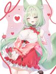  1girl ;d animal_ear_fluff animal_ears arknights bare_shoulders bell black_choker breasts brown_footwear choker commentary_request frilled_skirt frills green_eyes green_hair hair_intakes hair_over_shoulder harmonie_(arknights) heart highres holding jingle_bell large_breasts long_hair looking_at_viewer low_twintails neck_bell nishimiya_aki one_eye_closed pink_background polka_dot polka_dot_background red_skirt shirt shoes skirt sleeveless sleeveless_shirt smile solo spoken_heart standing standing_on_one_leg tail twintails two-tone_background very_long_hair white_background white_shirt 