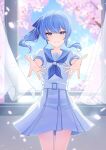  1girl :d belt blue_eyes blue_hair blue_neckerchief blue_sailor_collar blue_sky blush cherry_blossoms cowboy_shot crying crying_with_eyes_open curtains day dot_nose falling_petals floating_hair grin high-waist_skirt highres hololive hoshimachi_suisei indoors legs_together long_hair neckerchief open_mouth outstretched_arms petals pleated_skirt reaching reaching_towards_viewer sailor_collar school_uniform serafuku shirt shirt_tucked_in side_ponytail sidelocks skirt sky smile solo tears teeth thigh_gap tsumurimai virtual_youtuber white_belt white_serafuku white_shirt white_skirt window 