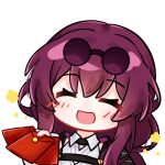  1girl blush closed_eyes eyewear_on_head hongbao honkai:_star_rail honkai_(series) kafka_(honkai:_star_rail) open_mouth purple_hair simple_background smile solo sunglasses upper_body white_background xu_baobao_jintian_tian_kengle_ma 