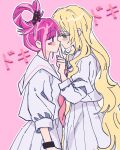  2girls absurdres blonde_hair blush bow celine_(fire_emblem) closed_mouth facial_mark finger_to_another&#039;s_mouth fire_emblem fire_emblem_engage from_side green_eyes hair_bow hair_ribbon haruukano heart heart_facial_mark highres hortensia_(fire_emblem) index_finger_raised long_hair long_sleeves looking_at_another multiple_girls pink_background pink_eyes pink_hair polka_dot polka_dot_bow ribbon shirt short_hair skirt very_long_hair white_shirt white_skirt yuri 