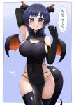  1girl arm_behind_head armpits asaka_karin black_dress black_hair black_panties black_thighhighs blue_background blue_eyes blue_hair breasts china_dress chinese_clothes choppy_bangs claw_pose cleavage commentary_request covered_navel cowboy_shot dark_blue_hair dragon_girl dragon_horns dragon_tail dragon_wings dress gradient_background grin groin hand_up highres horns impossible_clothes impossible_dress kooei large_breasts looking_at_viewer love_live! medium_hair narrow_waist panties pelvic_curtain sideboob sideless_dress smile solo swept_bangs tail thighhighs translation_request underwear wide_hips wings 