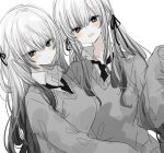  2girls black_necktie blush clone closed_mouth dress_shirt fangs gradient_hair highres long_hair long_sleeves looking_at_viewer mi_398 monochrome multicolored_hair multiple_girls necktie open_mouth original shirt simple_background spot_color sweater twintails white_background 