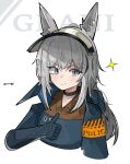  1girl animal_ears arknights armband assault_visor black_choker blue_gloves blue_jacket blush brown_shirt character_name choker closed_mouth collared_shirt cropped_torso dot_nose elbow_gloves enunomiya gloves grani_(arknights) grey_eyes grey_hair hair_between_eyes highres horse_ears horse_girl jacket long_hair long_sleeves open_clothes open_jacket shirt sidelocks simple_background smile solo sparkle straight_hair thumbs_up v-shaped_eyebrows white_background yellow_armband 