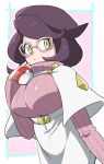  1girl bidarian big_hair breasts buttons capelet glasses green_eyes high-waist_skirt holding holding_poke_ball large_breasts long_sleeves medium_skirt muffin_top pencil_skirt pink-framed_eyewear pink_sweater poke_ball poke_ball_(basic) pokemon pokemon_sm purple_hair ribbed_sweater short_hair skirt smile solo sweater turtleneck turtleneck_sweater upper_body white_capelet white_skirt wicke_(pokemon) 