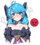  1girl absurdres ahoge bare_shoulders black_bow black_dress black_gloves blush bow clenched_hands collarbone cropped_torso detached_sleeves dress drill_hair food food_on_face gloves green_eyes grey_dress gwen_(league_of_legends) hair_bow highres league_of_legends long_hair monakan_japan simple_background solo twin_drills twintails white_background 