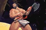  1boy artist_name axe bara beard benoit black_hair facial_hair feet_out_of_frame fundoshi highres holding holding_axe holding_weapon japanese_clothes large_pectorals looking_to_the_side male_focus manly mature_male muscular muscular_male night night_sky nipples original pectorals ponytail signature sky solo stomach_tattoo sweat sweatdrop tattoo testicles thick_arms thick_eyebrows thick_thighs thighs tree undercut very_hairy weapon 