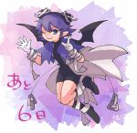  1girl bandaged_ankle bandaged_wrist bandages bat_wings black_bodysuit black_footwear blue_capelet blue_eyes blue_hair bodysuit boots capelet countdown full_body gloves hand_gesture hashino_ami looking_at_viewer one_eye_closed pointy_ears purple_background riviera serene_(riviera) short_hair smile solo white_gloves wings 