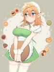  1girl alternate_costume apron blonde_hair blue_eyes blush breasts brown_background cleavage collarbone cowboy_shot dress earrings enmaided genderswap genderswap_(mtf) green_dress green_ribbon hair_between_eyes highres holding holding_tray jewelry large_breasts link long_hair looking_to_the_side maid maid_headdress neck_ribbon pointy_ears ribbon shiny_skin short_dress skindentation solo the_legend_of_zelda the_legend_of_zelda:_breath_of_the_wild thighhighs tray ttanuu. waist_apron white_background white_thighhighs wrist_cuffs zettai_ryouiki 