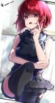  1girl angry aokaly arima_kana black_shirt black_socks bob_cut highres inverted_bob looking_at_viewer open_mouth oshi_no_ko red_eyes red_hair shirt short_hair shorts sitting socks solo 