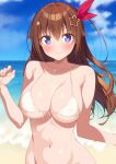  1girl beach bikini blue_eyes blue_sky blurry blurry_background breasts brown_hair cloud covered_nipples day hair_ornament highres hololive kazuma_(kazumav) large_breasts looking_at_viewer navel ocean outdoors sky solo star_(symbol) star_hair_ornament swimsuit virtual_youtuber wet white_bikini 