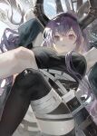  1girl arknights armpits black_hairband black_horns black_thighhighs blush breasts fake_horns feet_out_of_frame from_below hairband highres horns huge_breasts knees_together_feet_apart knees_up long_hair looking_at_viewer mira_(345toron) nose_blush parted_lips purple_eyes purple_hair sidelocks single_thighhigh solo thick_thighs thighhighs thighs typhon_(arknights) 