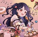  birthday_cake black_hair bow bowtie cake detached_sleeves doughnut food frilled_sleeves frills gloves happy_birthday lock lolita_fashion long_hair looking_at_viewer musical_note nijigen_project nika_linh_lan open_mouth pink_bow pink_bowtie red_eyes rie_ccat smile virtual_youtuber white_gloves wooden_spoon 