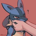  1boy 1other ? advos artist_name bare_shoulders blue_skin body_fur brown_fur colored_skin furry furry_male hands_on_another&#039;s_cheeks hands_on_another&#039;s_face lucario pokemon pokemon_(creature) red_background red_eyes simple_background 
