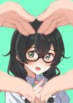  1girl absurdres black-framed_eyewear black_hair blush bow braid cevio collared_shirt dot_nose finger_heart glasses green_background green_eyes green_necktie hair_between_eyes hair_bow hanakuma_chifuyu heart heart_hands highres long_hair looking_at_viewer meteorite_(yurenlin8) necktie open_mouth shirt side_braid simple_background swept_bangs white_bow white_shirt 