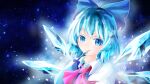  1girl ascot blue_ascot blue_eyes blue_hair cirno collar hair_ribbon looking_at_viewer medium_hair ribbon shee_take snowflakes solo sparkle touhou 