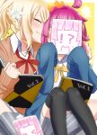  !? 2girls ahoge black_thighhighs blonde_hair blunt_bangs brown_cardigan cardigan closed_eyes closed_mouth collarbone collared_shirt commentary_request flower hair_flower hair_ornament heart holding holding_sketchbook kiss kissing_cheek long_sleeves love_live! love_live!_nijigasaki_high_school_idol_club miyashita_ai motion_lines multiple_girls neck_ribbon nijigasaki_academy_school_uniform pleated_skirt ponytail red_ribbon ribbon school_uniform shirt sidelocks sketchbook skirt sleeves_past_fingers sleeves_past_wrists sweat tennoji_rina tetetsu_(yuns4877) thighhighs upper_body white_shirt white_skirt winter_uniform yellow_ribbon yuri 