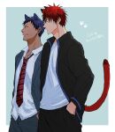  2boys animal_ears aomine_daiki black_jacket blue_background blue_hair blue_jacket border cat_boy cat_ears cat_tail closed_mouth colorpanther cowboy_shot hands_in_pockets highres jacket kagami_taiga kuroko_no_basuke male_focus multiple_boys necktie paw_print paw_print_background red_hair red_necktie school_uniform shirt short_hair tail translation_request white_border white_shirt 