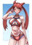  1girl arm_up armpits ass_visible_through_thighs bare_shoulders bikini blush breasts cleavage collarbone commentary_request cowboy_shot grin groin hair_ears highres large_breasts latias layered_bikini looking_at_viewer midriff multicolored_bikini multicolored_clothes navel one_eye_closed personification pokemon red_bikini red_hair sidelocks skindentation smile solo standing swept_bangs swimsuit takecha teeth twintails white_bikini yellow_eyes 