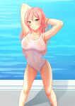  1girl armpits arms_behind_head arms_up bare_legs blush breasts collarbone covered_navel covered_nipples feet_out_of_frame highres idolmaster idolmaster_cinderella_girls jougasaki_mika large_breasts looking_at_viewer nipples one-piece_swimsuit pink_hair presenting_armpit see-through_swimsuit smile solo standing straight_hair swimsuit tanjunde water_drop white_one-piece_swimsuit yellow_eyes 