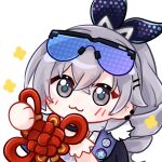  1girl :3 blue_bow blush bow chinese_knot closed_mouth drill_hair drill_ponytail eyewear_on_head grey_eyes grey_hair hair_bow high_ponytail holding honkai:_star_rail honkai_(series) looking_at_viewer silver_wolf_(honkai:_star_rail) smile solo sunglasses upper_body xu_baobao_jintian_tian_kengle_ma 