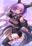  1girl 3_(sanyako1) :o absurdres arknights arm_up bare_shoulders black_hairband black_thighhighs breasts fang feet_out_of_frame fingernails from_above hair_between_eyes hairband hand_up highres horns jacket long_hair long_sleeves looking_at_viewer off_shoulder open_mouth purple_eyes purple_hair purple_petals single_thighhigh skin_fang solo star_(sky) tail thighhighs typhon_(arknights) very_long_hair white_jacket 