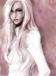  1girl absurdres dark-skinned_female dark_skin floral_background glasses greyscale hellsing highres integra_hellsing monochrome partially_unbuttoned round_eyewear sepia signature solo toshimichi_yukari twitter_username upper_body 