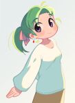  1girl :3 collarbone earrings green_hair hair_ribbon hatsuseno_alpha highres jewelry looking_at_viewer outstretched_arms pink_ribbon ponytail purple_eyes ribbon shirt sidelocks simple_background smile solo spread_arms ugif white_background white_shirt yokohama_kaidashi_kikou 