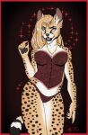 absurd_res ale-tie anthro bikini_thong black_spots blonde_hair blue_eyes clothed clothing corset felid feline female fur gesture hair hi_res jewelry lingerie looking_at_viewer mammal markings necklace partially_clothed red_background serval short_tail simple_background solo solo_focus spots spotted_body spotted_fur suggestive suggestive_gesture swimwear tail tan_body tan_fur thin_tail topwear white_body white_fur yellow_body yellow_fur