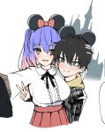  &gt;:) 1boy 1girl alternate_costume animal_ears black_hair black_ribbon blue_hair blush bow breasts closed_mouth commentary couple cowboy_shot disneyland ears_visible_through_hair fake_animal_ears flower gradient_hair green_eyes hair_between_eyes hair_bow hair_flower hair_ornament hand_on_another&#039;s_head happy heads_together hetero highres hug kohibari_kurumi large_breasts long_sleeves looking_at_viewer mouse_ears multicolored_hair neck_ribbon parted_lips pink_flower pink_hair pleated_skirt polka_dot polka_dot_bow red_bow red_skirt ribbon selfie shirt short_hair simple_background sketch skirt smile spiked_hair tanikaze_riku tenshi_souzou_re-boot! tft_(tft7822) tsurime twintails v v-shaped_eyebrows white_background white_shirt yellow_eyes 