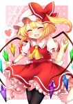  1girl absurdres arm_up ascot bangs black_legwear blonde_hair blush bow closed_eyes commentary_request crystal eyebrows_visible_through_hair eyelashes fang flandre_scarlet frilled_shirt_collar frilled_skirt frilled_sleeves frills hat hat_bow heart highres mob_cap multicolored_wings one_side_up open_mouth pink_background red_skirt red_vest ruhika sash side_ponytail simple_background skirt solo spoken_heart standing thighhighs tongue touhou upper_body vest wings wrist_cuffs zettai_ryouiki 