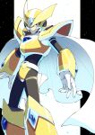  1boy android armor black_bodysuit bodysuit cape forehead_jewel full_armor gate_(mega_man) gold_armor helmet looking_at_viewer mega_man_(series) mega_man_x6 mega_man_x_(series) shoulder_armor solo sznami129 white_cape 