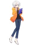  1boy black_shirt blue_eyes dairoku_ryouhei denim full_body holding holding_tablet_pc hood hood_down jacket jeans mistufuki_(32fk_n) pants shirt short_hair solo standing sunset_graeme tablet_pc transparent_background white_footwear white_hair yellow_jacket 