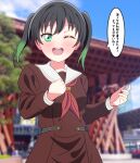  1girl absurdres black_hair blurry blurry_background blush brown_dress clenched_hand commentary_request dress gradient_hair green_eyes green_hair hasu_no_sora_school_uniform highres long_sleeves looking_at_viewer love_live! love_live!_nijigasaki_high_school_idol_club medium_hair multicolored_hair neckerchief one_eye_closed open_mouth red_neckerchief sailor_collar school_uniform shinonome_sakura sidelocks sleeve_cuffs solo speech_bubble standing takasaki_yuu translation_request upper_body white_sailor_collar winter_uniform 