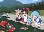  absurdres blue_sky boat cirno day fumo_(doll) hakurei_reimu highres inubashiri_momiji kagiyama_hina kame_(kamepan44231) kawashiro_nitori kirisame_marisa landscape multiple_girls outdoors sky stream touhou tree watercraft 