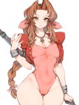  1girl aerith_gainsborough bow braid braided_ponytail brown_hair choker cropped_jacket dress final_fantasy final_fantasy_vii final_fantasy_vii_remake flower_choker full_body fumio_(rsqkr) green_eyes hair_bow highres holding holding_staff jacket leotard looking_at_viewer metal_staff open_clothes open_jacket pink_leotard red_jacket short_sleeves sidelocks simple_background solo staff standing white_background 