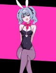  1girl :d animal_ears arm_strap arms_behind_back bare_shoulders black_leotard black_pantyhose blue_eyes blue_hair bow bowtie chirun0 clothing_cutout covered_navel crossed_legs detached_collar fake_animal_ears feet_out_of_frame hairband hatsune_miku head_tilt heart_cutout highleg highleg_leotard leotard looking_at_viewer open_mouth pantyhose pink_bow pink_bowtie pink_pupils playboy_bunny rabbit_ears rabbit_hole_(vocaloid) short_hair short_twintails sitting smile solo stomach_cutout teardrop_facial_mark thigh_strap twintails vocaloid white_hairband 