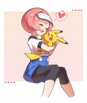  1girl :d affectionate bettie_(pokemon) black_leggings blue_shorts closed_eyes eyelashes hanamori_mito happy heart highres holding holding_pokemon invisible_chair leggings off-shoulder_shirt off_shoulder open_mouth pikachu pink_hair pokemon pokemon_(creature) pokemon_masters_ex shirt shorts signature sitting smile spoken_heart teeth undershirt upper_teeth_only visor_cap white_headwear white_shirt 