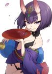  1girl :p bare_shoulders black_panties breasts cowboy_shot cup eyeliner fate/grand_order fate_(series) fingernails gourd hair_between_eyes hair_ornament hands_up heebee horns japanese_clothes kimono looking_at_viewer makeup off_shoulder oni panties pink_petals purple_eyes purple_kimono red_eyeliner revealing_clothes sakazuki short_hair shuten_douji_(fate) simple_background small_breasts smile solo tongue tongue_out underwear white_background 