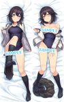  absurdres black_socks blue_eyes blue_one-piece_swimsuit breasts competition_swimsuit dakimakura_(medium) from_above full_body grey_skirt hayasui_(kancolle) highres jacket kantai_collection looking_at_viewer medium_breasts medium_hair miniskirt off_shoulder on_bed one-piece_swimsuit pleated_skirt skirt smile socks soles swimsuit taketora_suzume toes track_jacket watermark white_jacket 