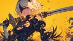  1girl 2b_(nier:automata) ai-generated black_hairband blindfold breasts cleavage cleavage_cutout closed_mouth clothing_cutout commentary feather_trim flower gloves gradient_background hair_ornament hairband holding holding_sword holding_weapon lips long_sleeves mole mole_under_mouth nier:automata nier_(series) over_shoulder petals puffy_sleeves short_hair small_breasts sword tarte_(hodarake) turtleneck upper_body virtuous_contract weapon weapon_over_shoulder white_hair yellow_background 