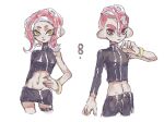  1boy 1girl :| agent_8_(splatoon) arm_behind_back black_skirt breasts closed_mouth crop_top groin hand_on_own_hip hand_up long_sleeves medium_breasts medium_hair miniskirt navel octoling octoling_boy octoling_girl octoling_player_character pencil_skirt red_eyes red_hair short_hair simple_background single_bare_shoulder single_sleeve skirt splatoon_(series) splatoon_2 splatoon_2:_octo_expansion suction_cups tentacle_hair thenintlichen96 white_background yellow_eyes 